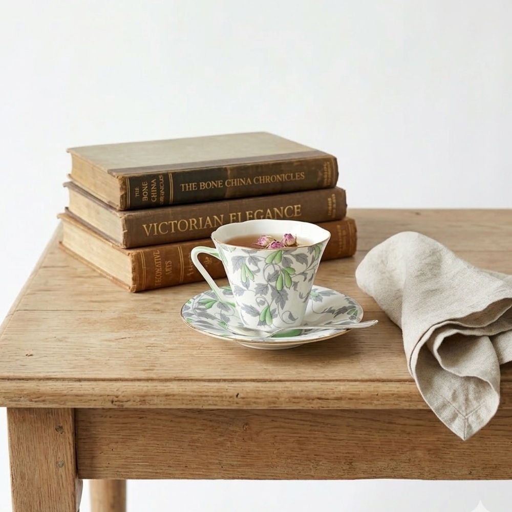 Vintage 1940s Grafton China "Ashley" Tea Cup & Saucer | Green & Grey Botanical